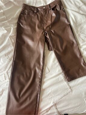 Brown Leather Straight Leg Pants